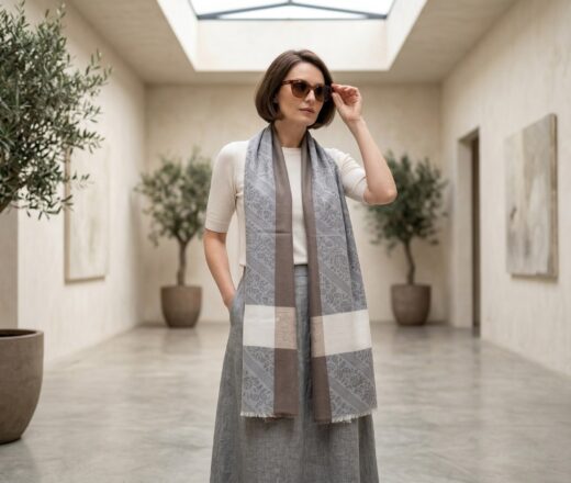 Pashimina indiana de cashmere estampa paisleys tons de bege e cinza