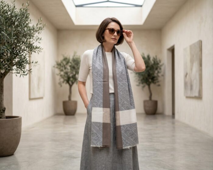 Pashimina indiana de cashmere estampa paisleys tons de bege e cinza