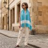 Pashimina indiana de cashmere estampa paisleys tons de creme e azul