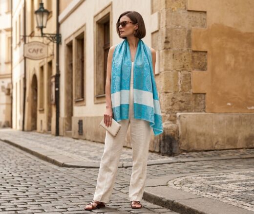 Pashimina indiana de cashmere estampa paisleys tons de creme e azul