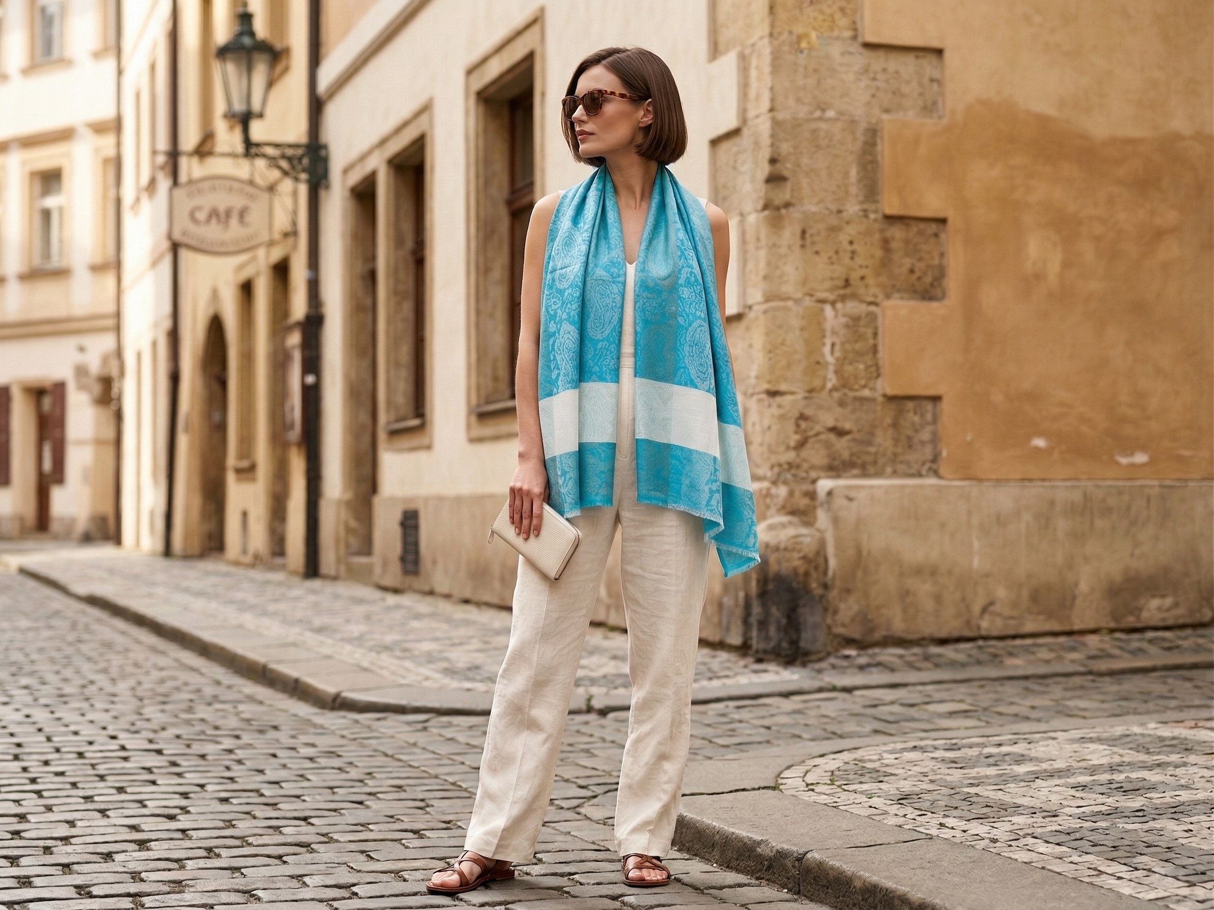 Pashimina indiana de cashmere estampa paisleys tons de creme e azul