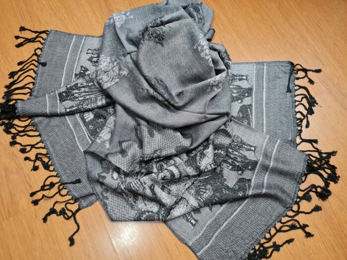Echarpe indiana algodão com viscose estampa de Ganesha creme e preto