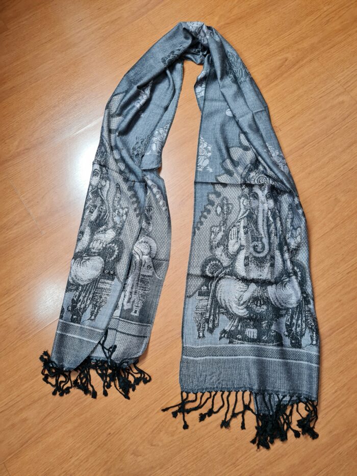 Echarpe indiana algodão com viscose estampa de Ganesha creme e preto