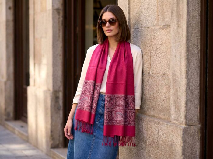 Pashimina indiana estampada de viscose com faixas estampadas paisley cereja