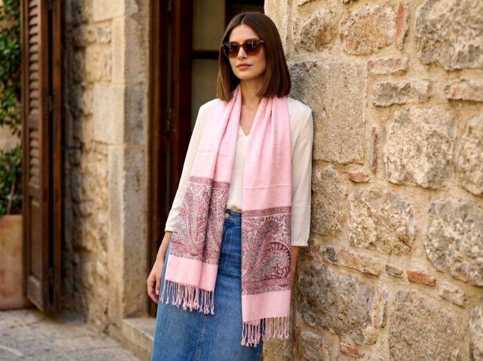Pashimina indiana estampada de viscose com faixas estampadas paisley rosa