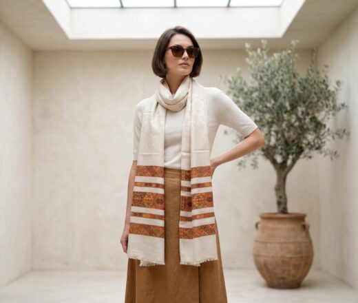Pashmina indiana de Cashmere original creme adamascada com estampa na barra etnica