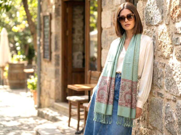 Pashimina indiana estampada de viscose com faixas estampadas paisley verde