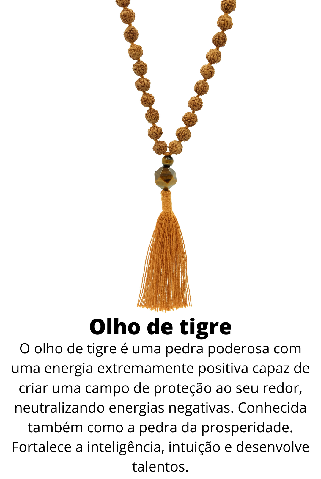 Japamala de Rudrakshas de Bali com pedra Olho de Tigre