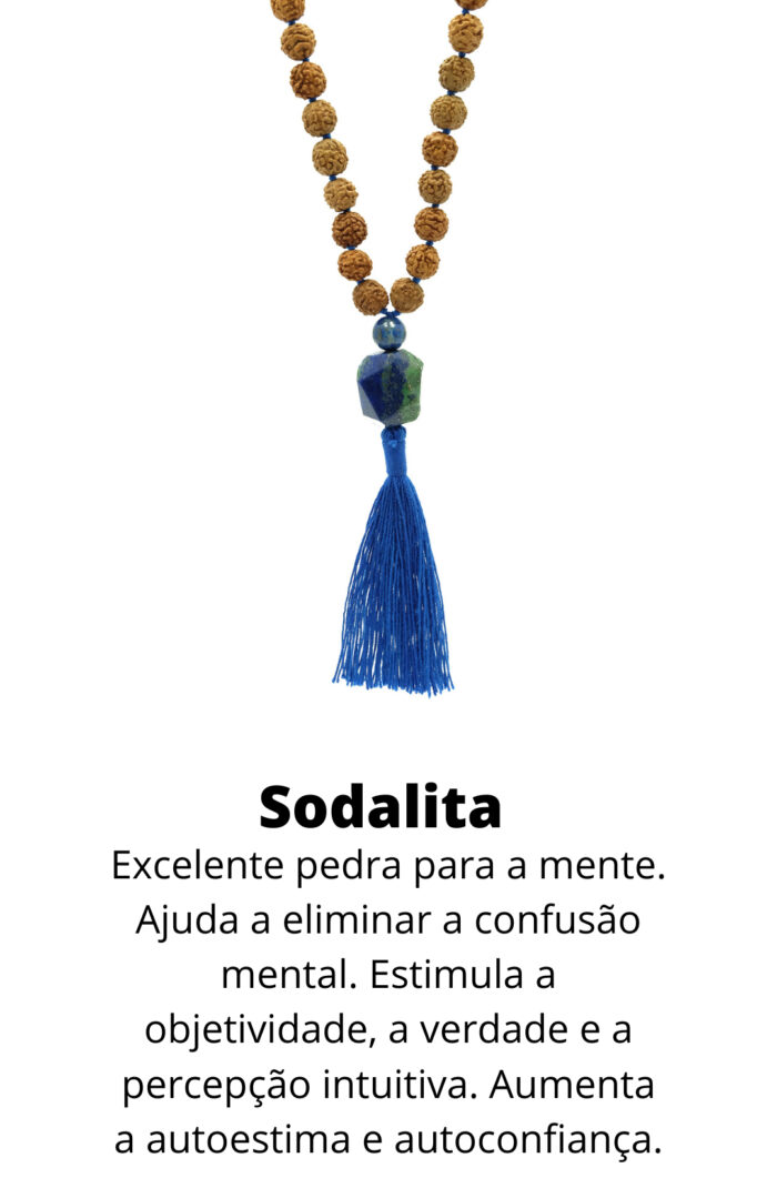 Japamala de Rudrakshas de Bali com pedra Sodalita