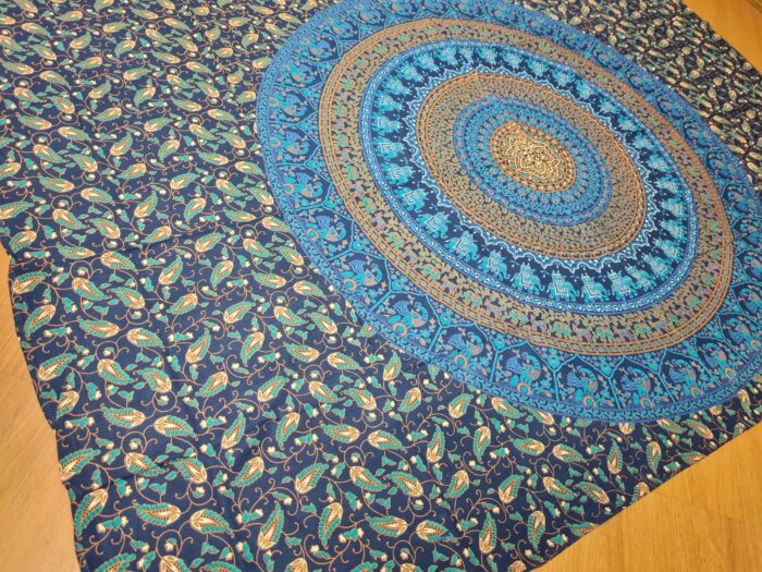 Panô indiano de algodão estampa de mandala verde e azul 2,0m