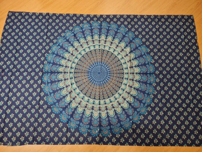 Panô indiano de algodão estampa de mandala marinho e turquesa 2,0m