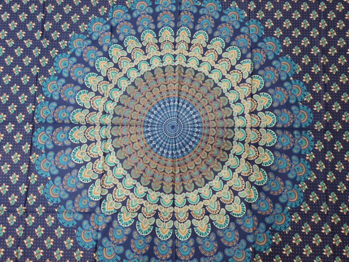 Panô indiano de algodão estampa de mandala marinho e turquesa 2,0m