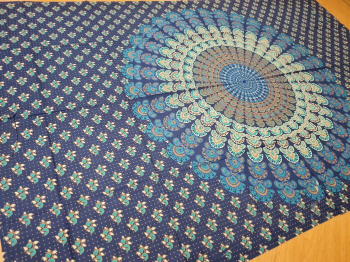 Panô indiano de algodão estampa de mandala marinho e turquesa 2,0m