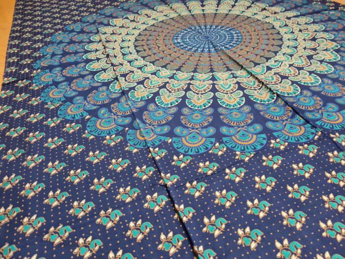 Panô indiano de algodão estampa de mandala marinho e turquesa 2,0m
