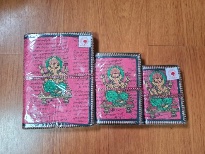 Kit com 3 cadernos indianos artesanais estampa de Ganesha rosa