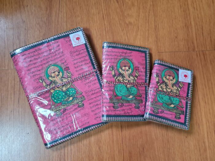 Kit com 3 cadernos indianos artesanais estampa de Ganesha rosa