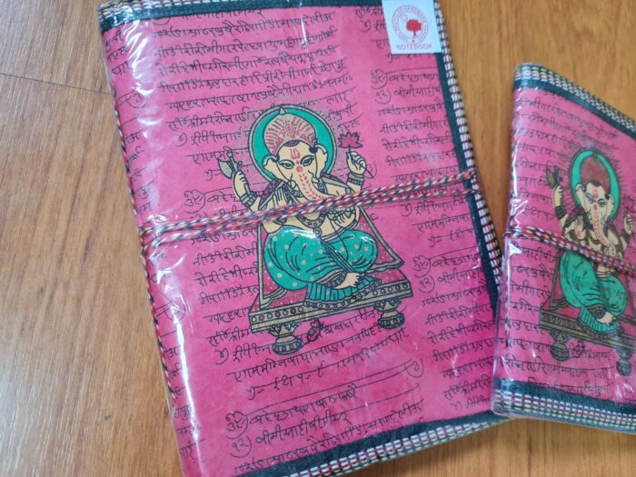 Kit com 3 cadernos indianos artesanais estampa de Ganesha rosa