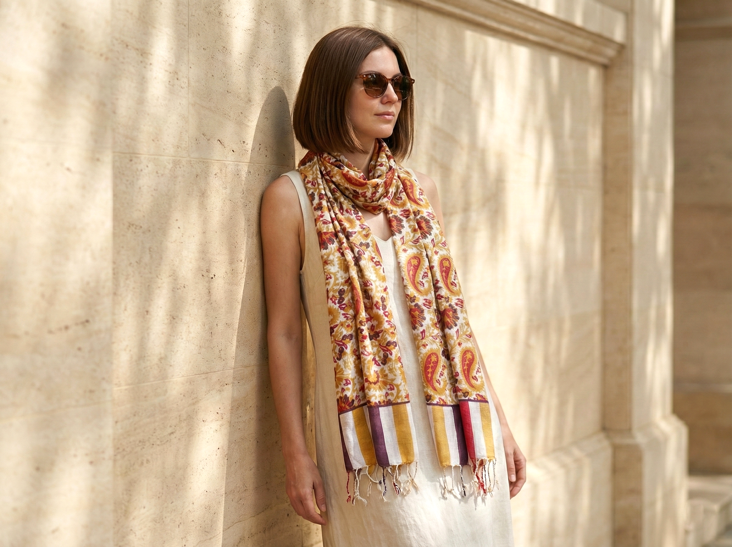 Echarpe indiana estampa paisley de viscose ocre e coloridos