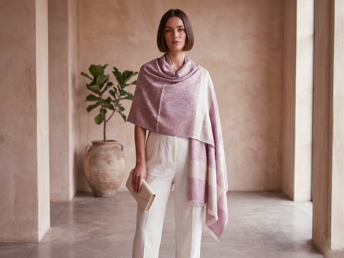 Pashimina indiana de cashmere estampa paisleys de creme e lilás