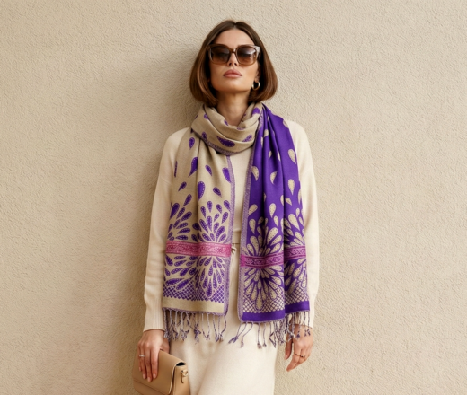 Echarpe indiana algodão com viscose dupla face bege e roxo