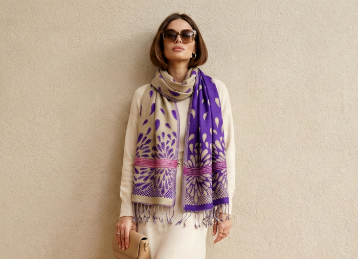 Echarpe indiana algodão com viscose dupla face bege e roxo