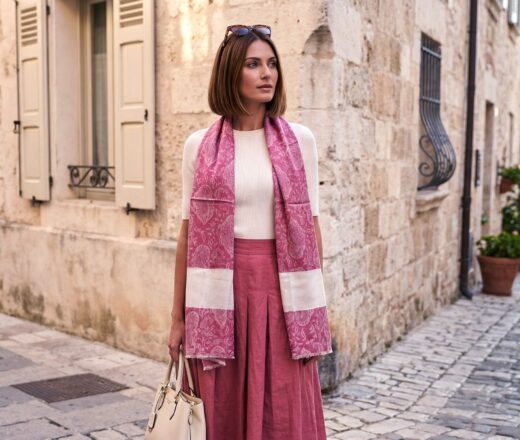 Pashimina indiana de cashmere estampa paisleys de bege e cereja