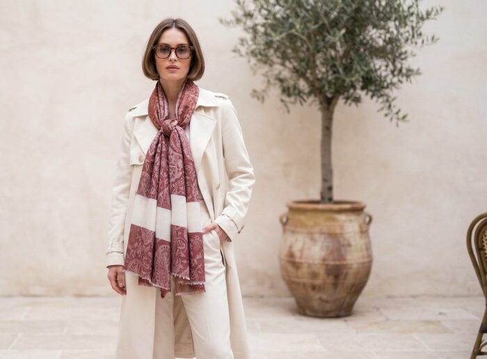 Pashimina indiana de cashmere estampa paisleys de creme e vinho