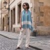 Pashimina indiana de cashmere estampa paisleys de creme e turquesa