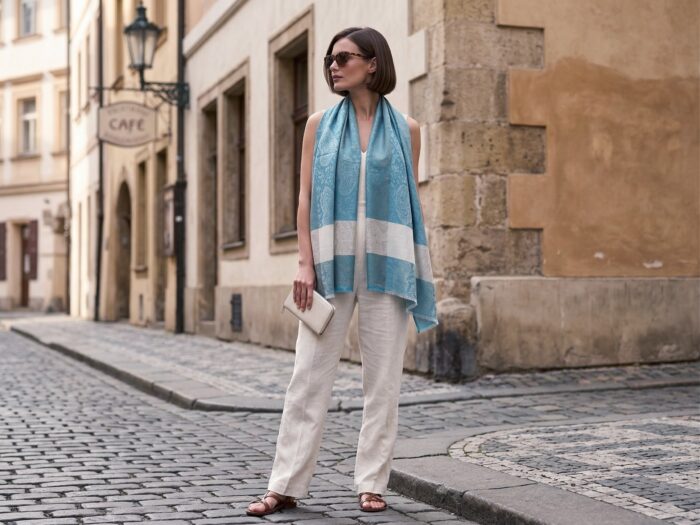 Pashimina indiana de cashmere estampa paisleys de creme e turquesa