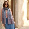 Pashimina indiana de cashmere estampado com listras azul e rosé