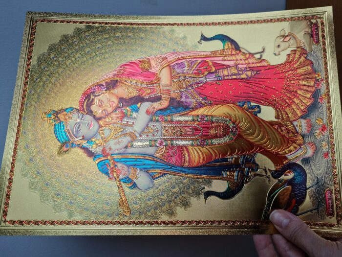 Folha laminada dourada para enquadrar e pendurar Radha e Krishna II 30x21 cm