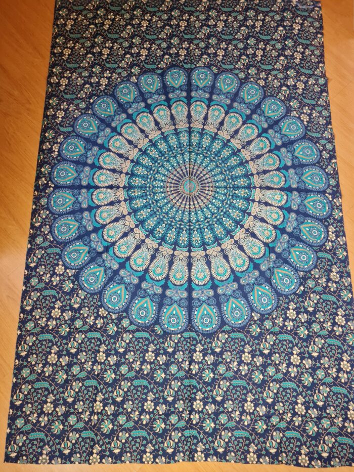 Panô indiano de algodão estampa de mandala marinho e turquesa 2,10m
