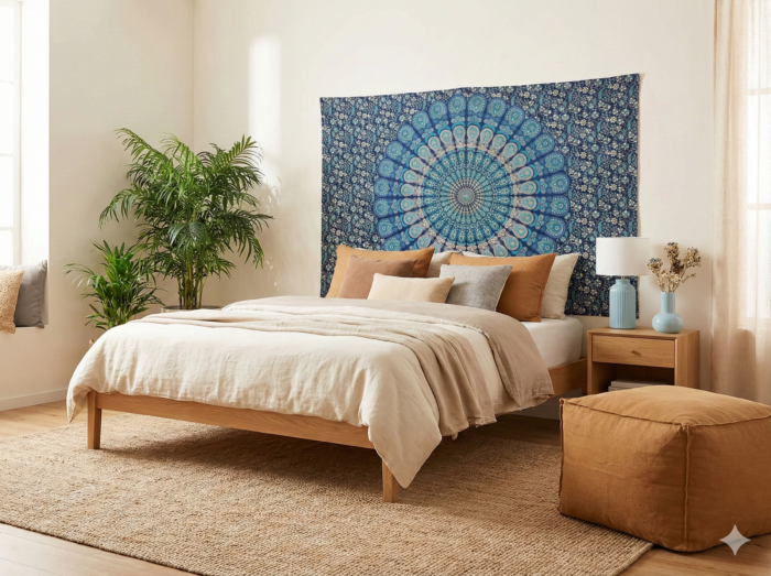 Panô de mandala indiano, turquesa, usado como decoração de parede atras da cama, gerando ambiente sofisticado com ponto de cor harmonioso com o ambiente Boho chic.