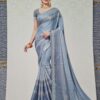 Sari indiano viscose com estampa étnica cinza azulado com dourado