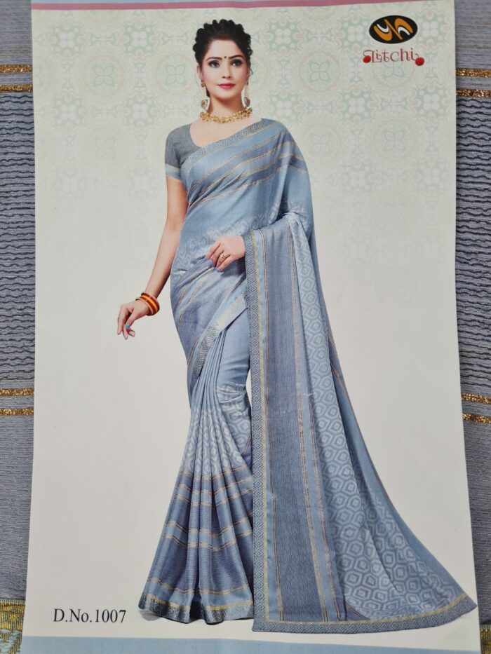 Sari indiano viscose com estampa étnica cinza azulado com dourado