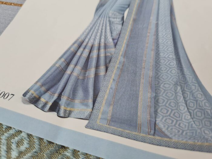 Sari indiano viscose com estampa étnica cinza azulado com dourado