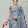 Sari indiano viscose com estampa étnica cinza azulado com dourado