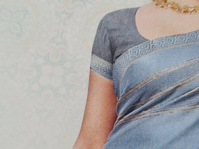 Sari indiano viscose com estampa étnica cinza azulado com dourado