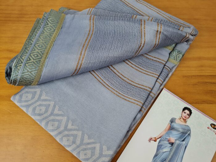 Sari indiano viscose com estampa étnica cinza azulado com dourado