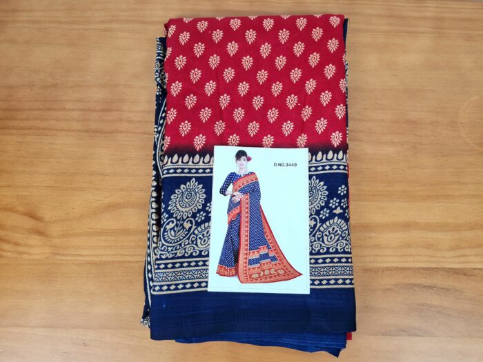 Sari indiano viscose com estampa de arabescos vermelho e marinho