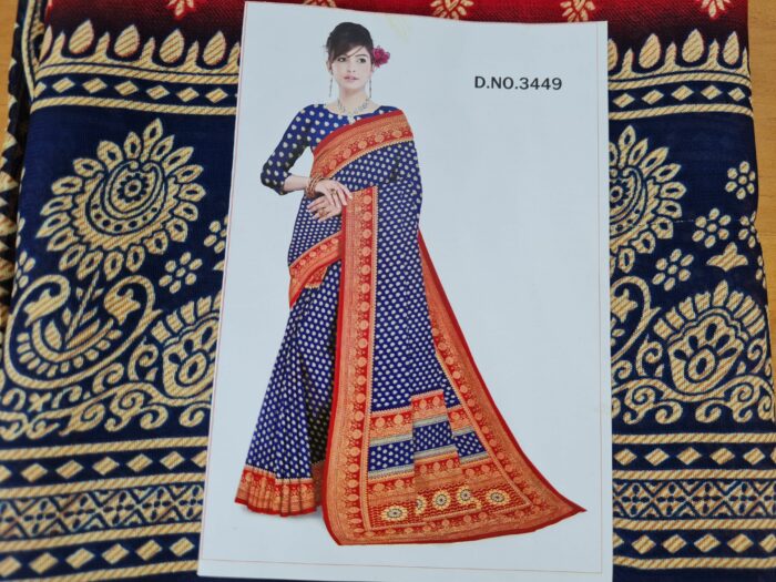 Sari indiano viscose com estampa de arabescos vermelho e marinho