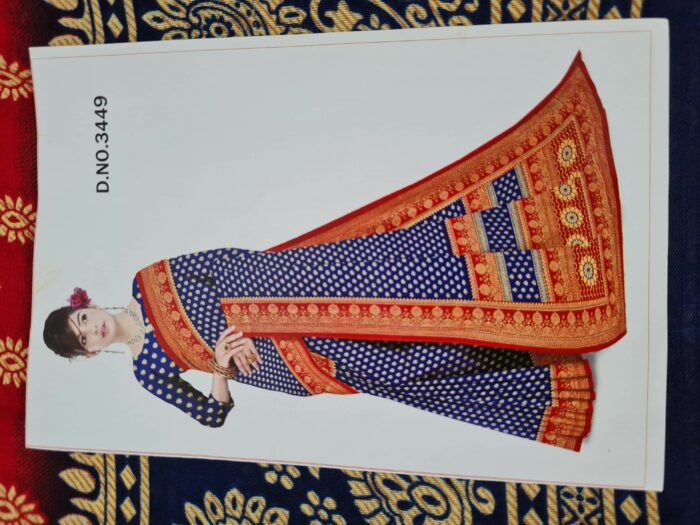 Sari indiano viscose com estampa de arabescos vermelho e marinho