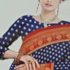 Sari indiano viscose com estampa de arabescos vermelho e marinho