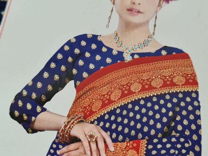 Sari indiano viscose com estampa de arabescos vermelho e marinho