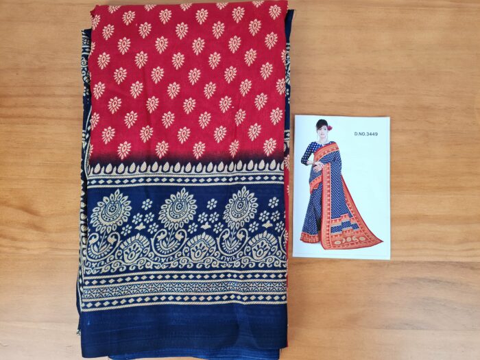 Sari indiano viscose com estampa floral marinho e vermelho