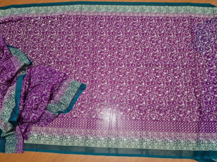 Sari indiano com estampa de arabescos Tie Dye fucsia e verde