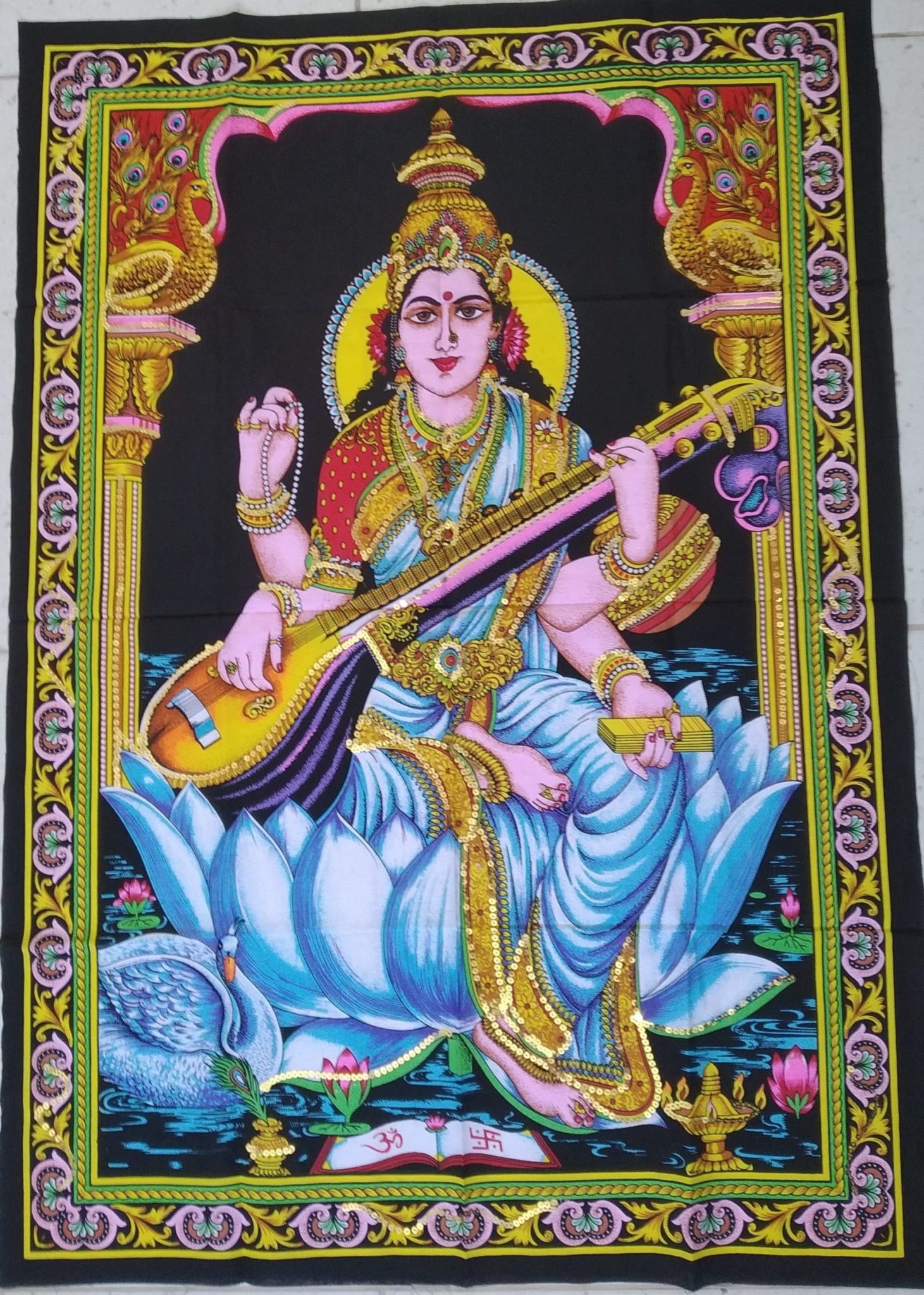 Painel grande clássico de deidade hindu - Saraswati