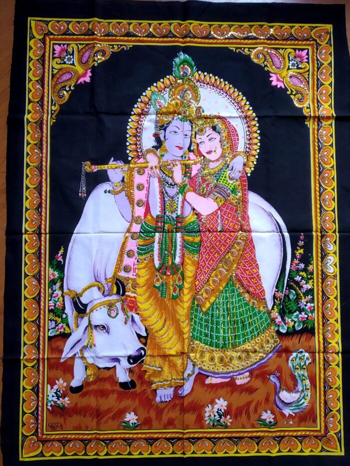 Painel grande clássico de deidade hindu Radha e Krishna e a vaca sagrada