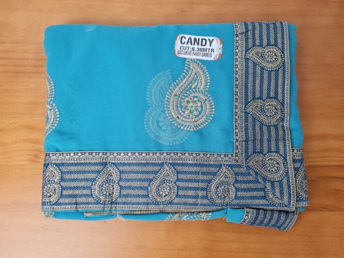 Sari indiano de seda floral barra Jacquard de paisleys turquesa e color