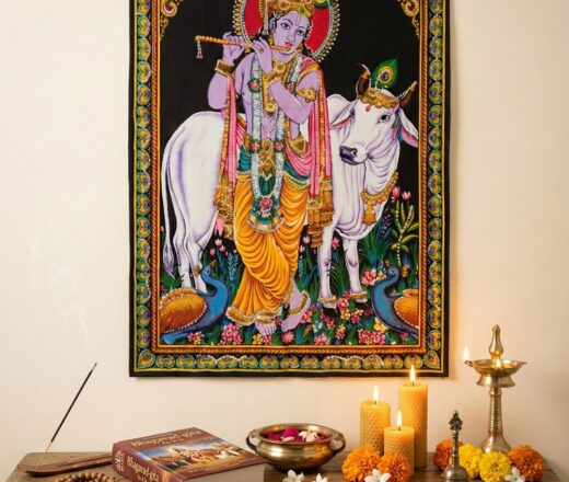 Painel grande de tecido com imagem clássica de Krishna